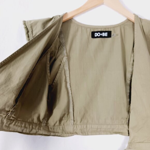 DO + BE, Khaki Green Crop Top Wrap Tie Waist Ruffled Sleeves Cotton, Festival, S - Picture 8 of 13